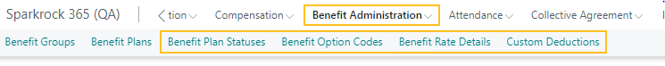 Human Resources Manager role center Benefit Rate Detail and Custom Deductions menu options