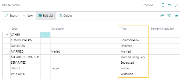 Marital Status page Type field