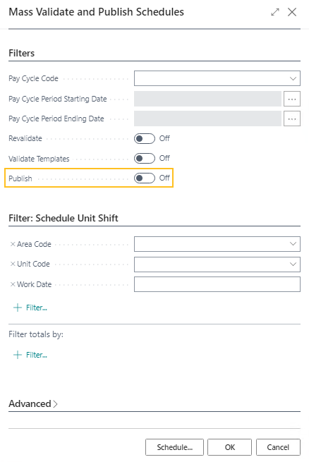 Mass Validate and Publish Schedules page - Publish field
