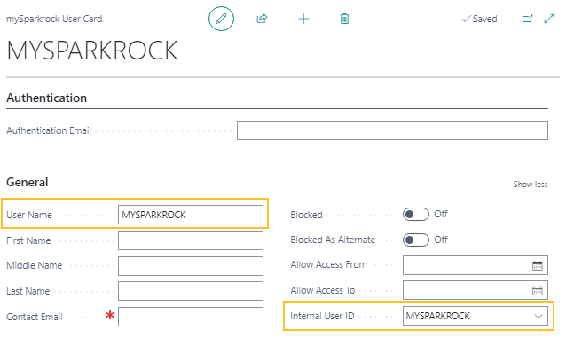mySparkrock User Card page - User Name and Internal User ID fields must equal MYSPARKROCK