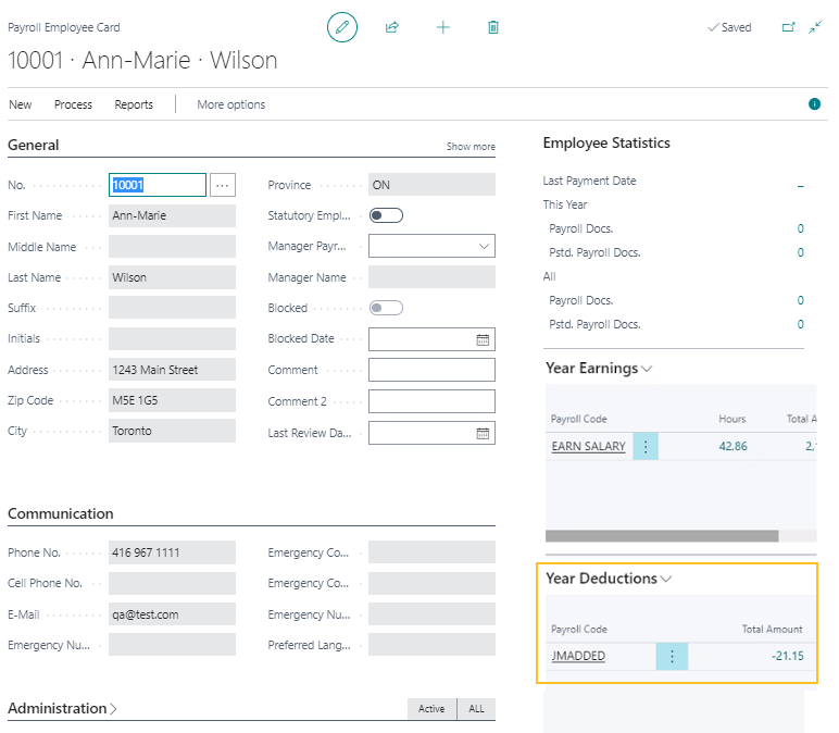 Payroll Employee Card page Year Deductions FactBox