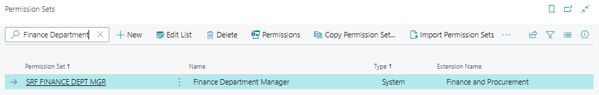 Permission Sets page Finance Department Manager