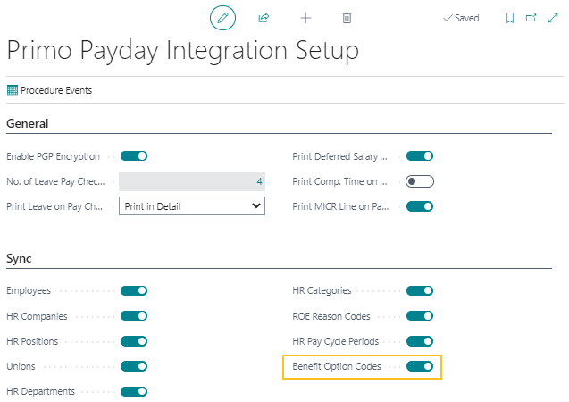 Primo Payday Integration Setup page Benefit Option Codes field