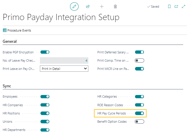 Primo Payday Integration Setup page HR Pay Cycle Periods field
