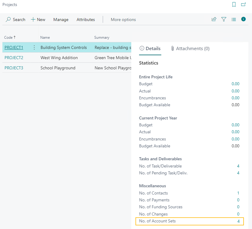 Projects page Statistics FactBox No. of Account Sets field