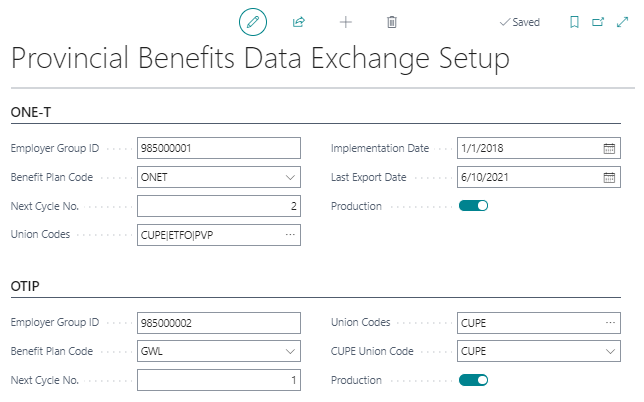 Provincial Benefits Data Exchange Setup page