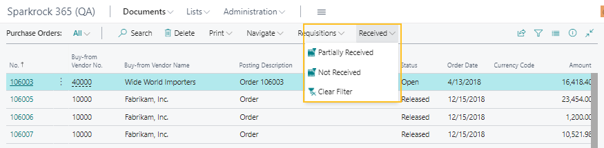Purchase Orders page Received actions