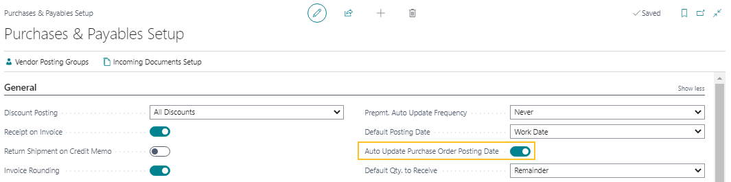 Purchases & Payables Setup page Auto Update Purchase Order Posting Date field