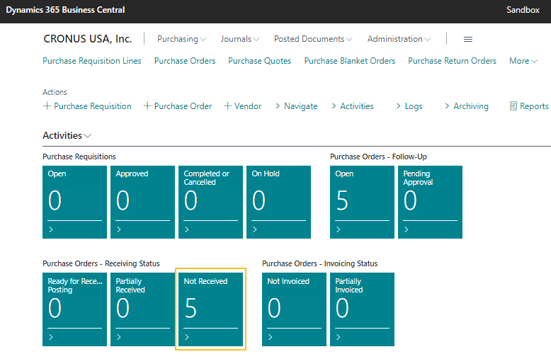 Purchasing Agent role center Not Received cue