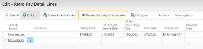 Retro Pay Detail Lines page Delete Manually Created Line action