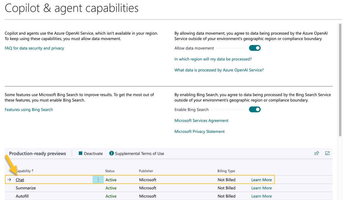 Copilot & agent capabilities page Chat capability