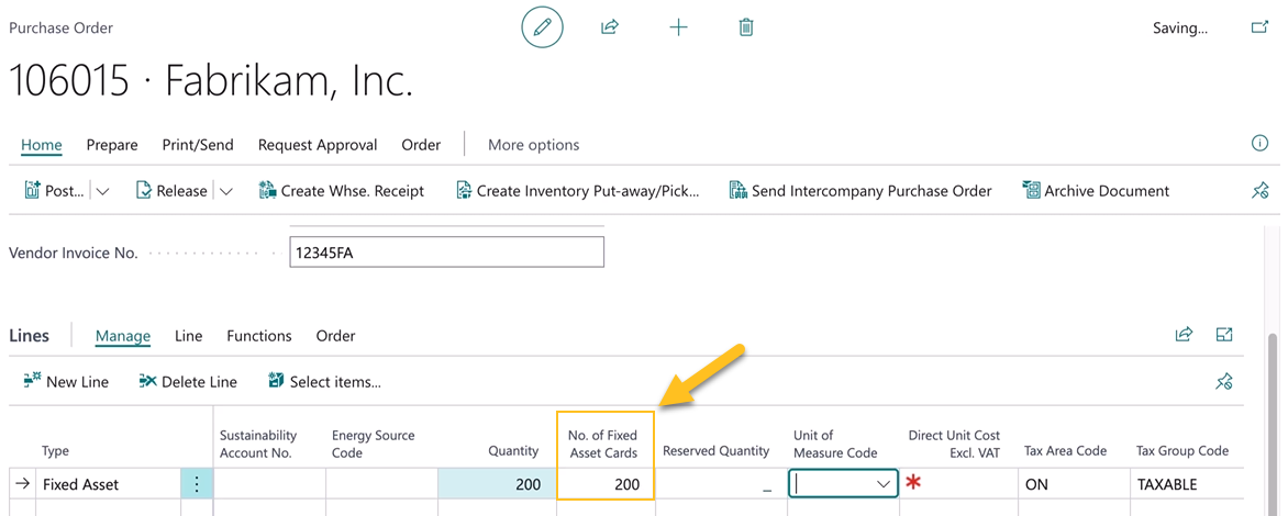 Purchase Order page No. of Fixed Asset Cards field