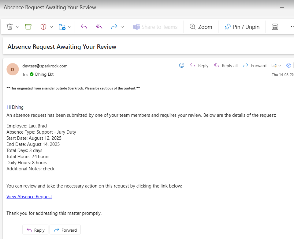 Absence request awaiting your review email