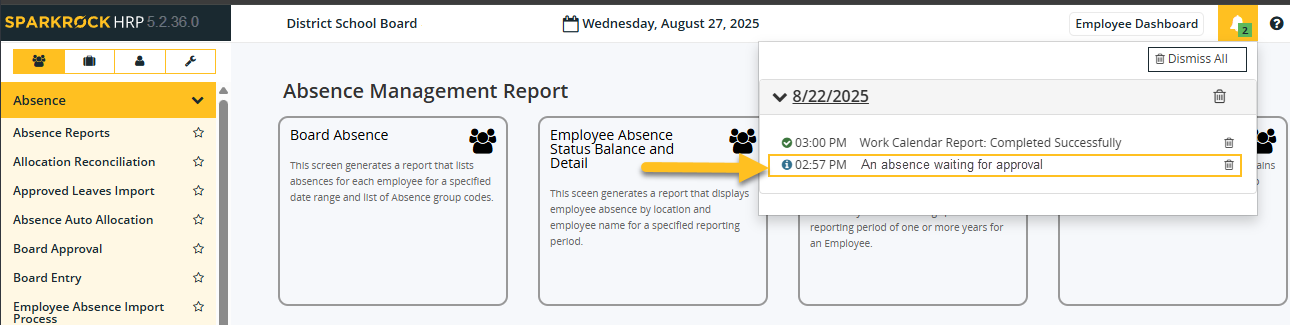 An absence waiting for approval bell notification