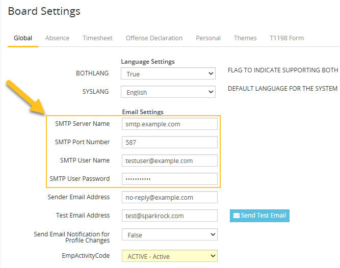 Board settings SMTP settings