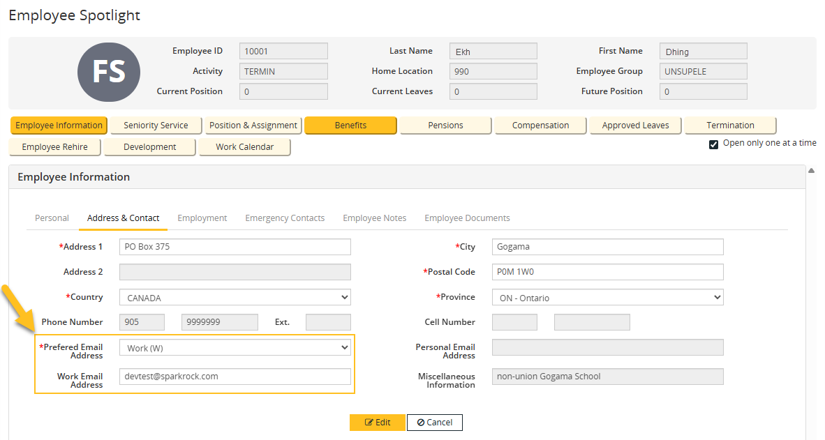 Employee Spotlight page email setup