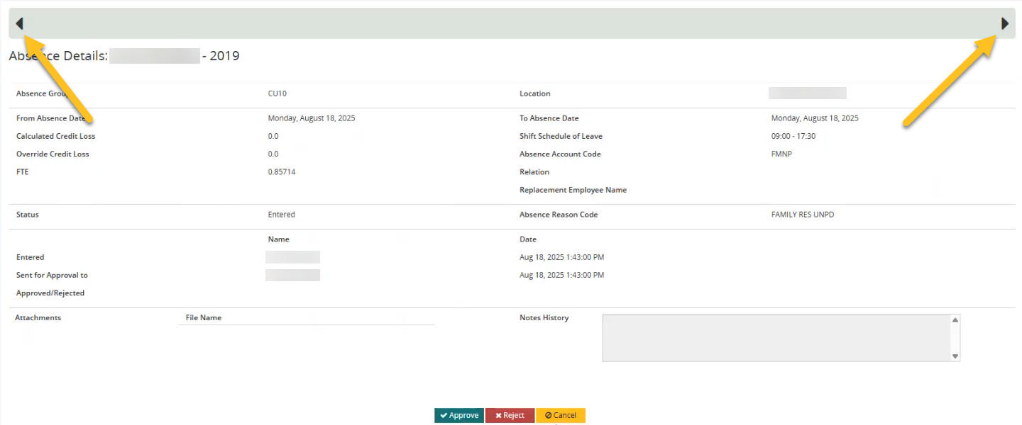 Absence Details page navigation buttons
