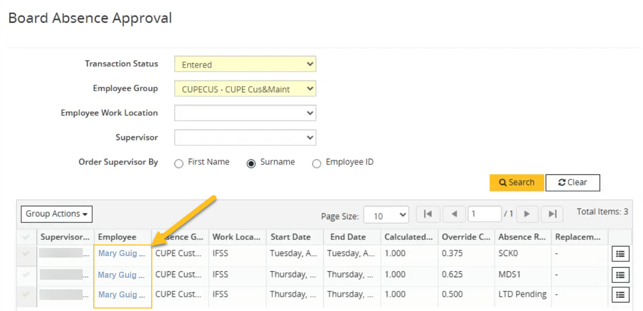 Board Absence Approval page Employee column links