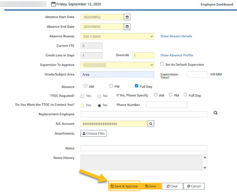 Board Employee Absence Entry page Save & Approve button