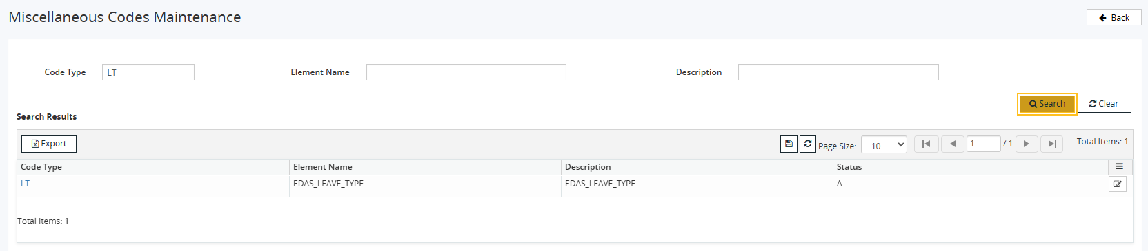 Miscellaneous Codes Maintenance page LT