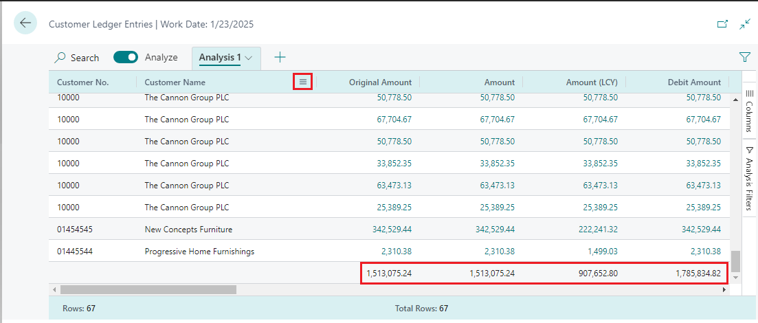 Shows an overview of a data area on a page in the data analysis mode