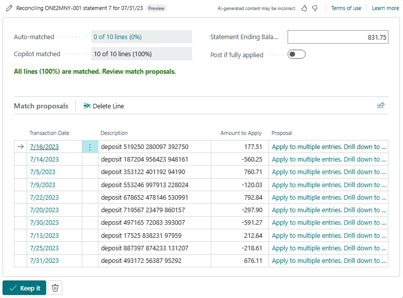 Screenshot that shows proposed matches in the Reconcile with Copilot window.