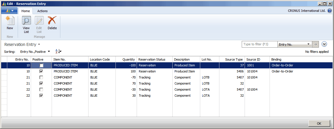 Fourth example of order tracking entries in Reservation Entry table.