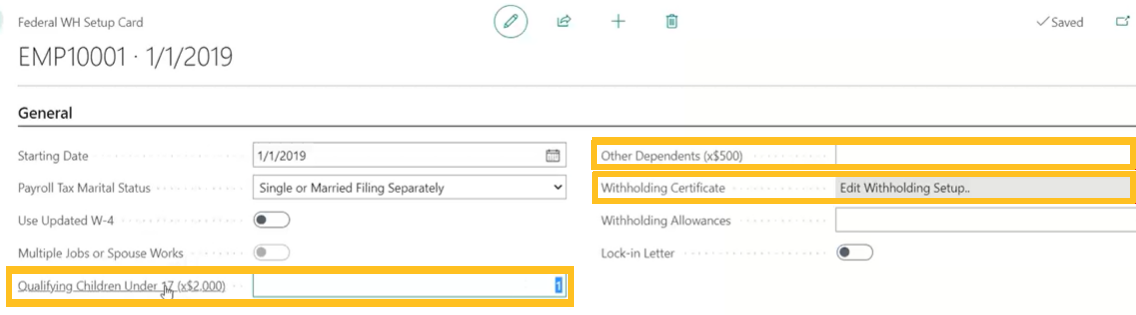 Federal withholding setup card data prints on W4