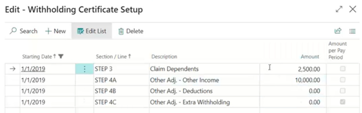 Federal withholding setup card data prints on W4