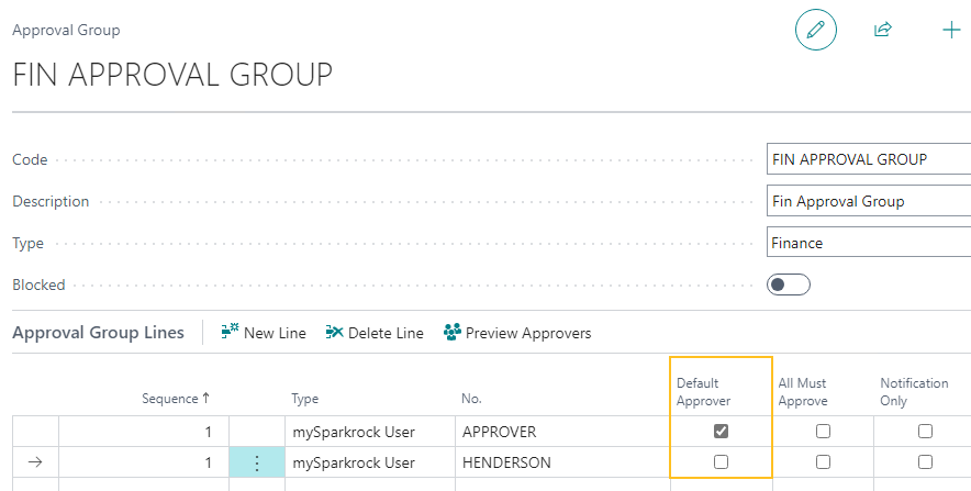 Approval Group page Default Approver field