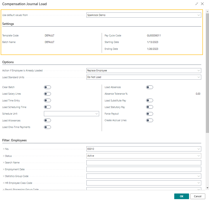 Compensation Journal Load page Settings FastTab