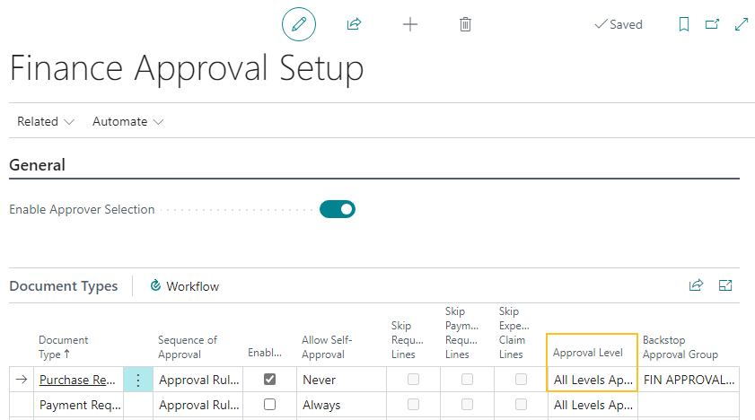 Finance Approval Setup page Approval Level field