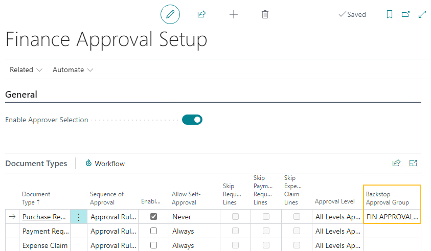 Finance Approval Setup page Backstop Approval Group field