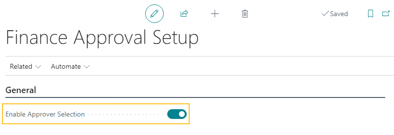 Finance Approval Setup page Enable Approver Selection field