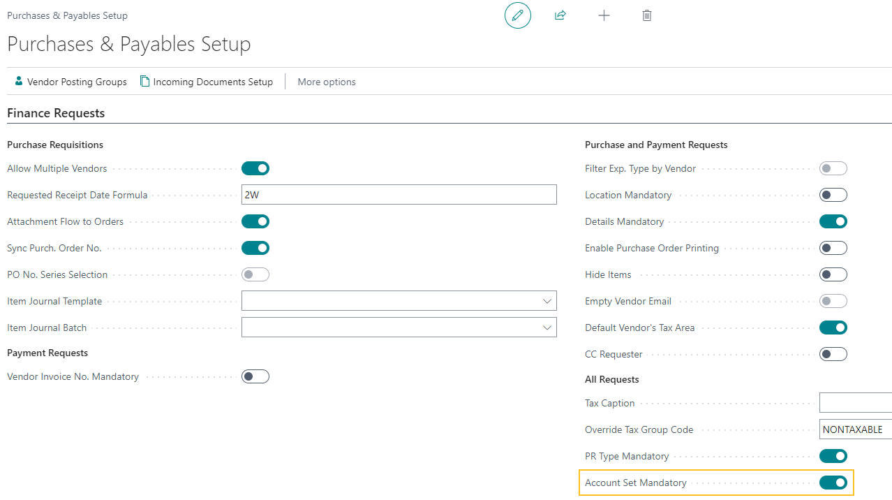 Purchases & Payables Setup page Account Set Mandatory field