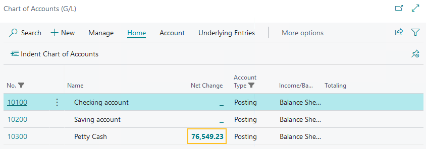 Chart of Accounts page Net Change field bold