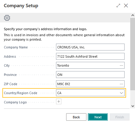 Company Setup Country/Region Code