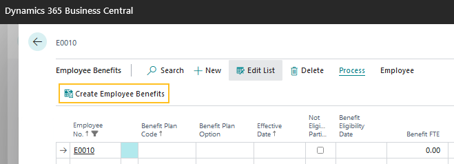 Employee Benefits page Create Employee Benefits action