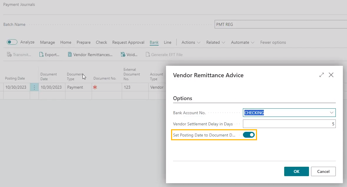 Vendor Remittance Advice page Set Posting Date to Document Date field