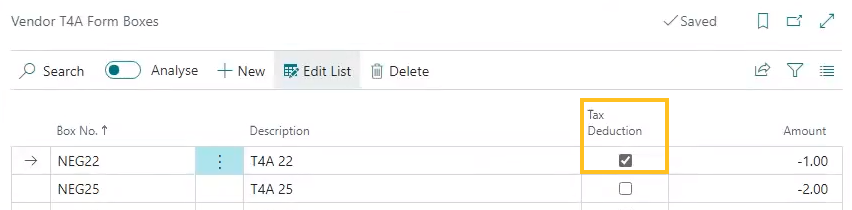 Vendor T4A Form Boxes page Tax Deduction Field