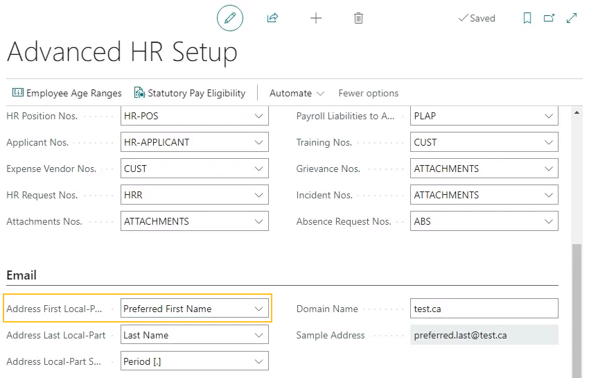 Advanced HR Setup page Address First Local-Part field