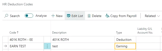 HR Deduction Codes page Type field