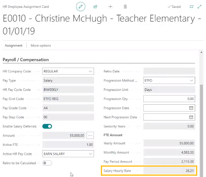 HR Employee Assignment Card page Salary Hourly Rate field