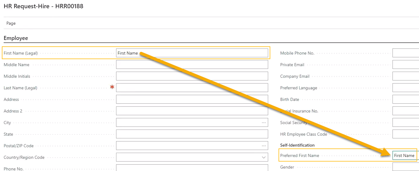 HR Request-Hire page Preferred First Name field