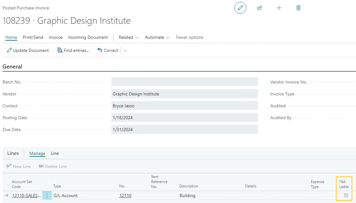 Posted Purchase Invoice page T4A Liable field on Lines FastTab