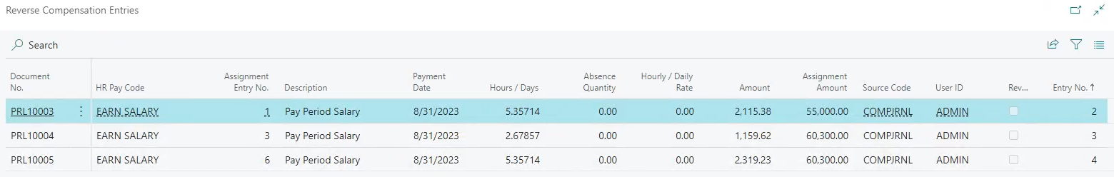 Reverse Compensation Entries page