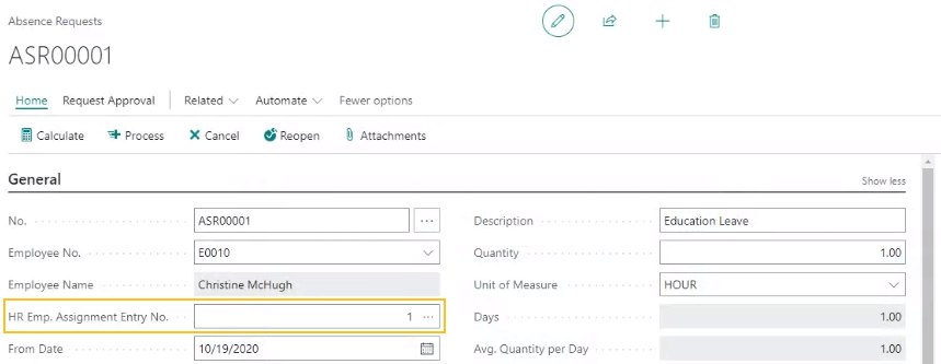 Absence Requests page HR Emp. Assignment Entry No. field