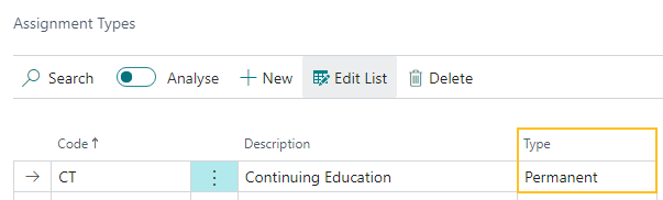 Assignment Types page Type field