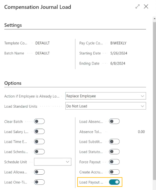 Compensation Journal Load page Load Payout Time field