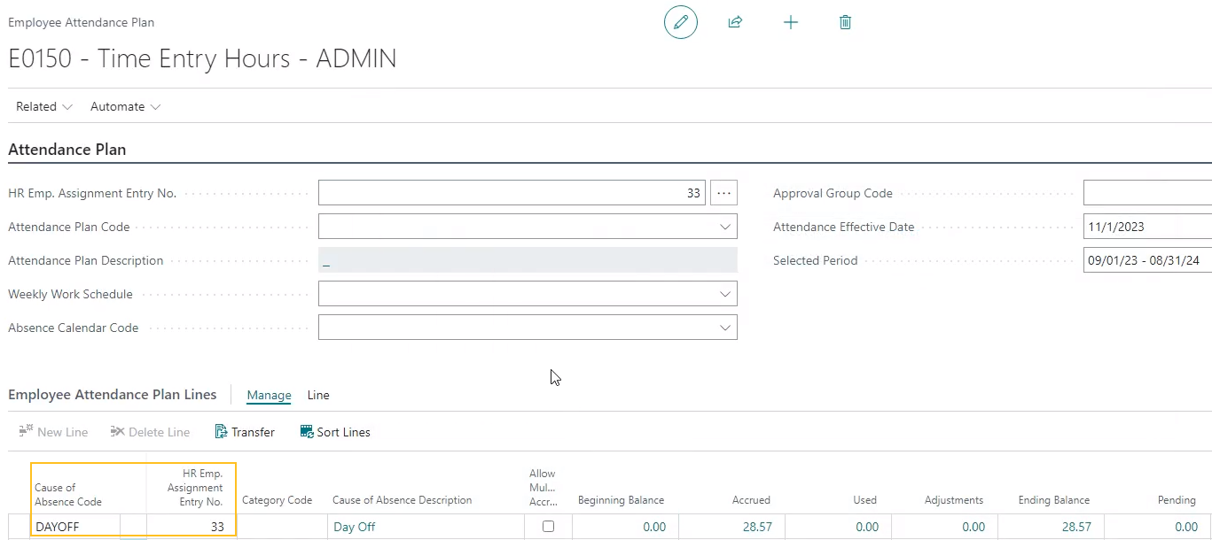 Employee Attendance Plan page Cause of Absence Code DAYOFF